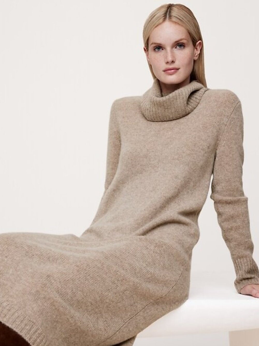 New XS 100% Cashmere Charter Club Beige Camel Midi Turtleneck Dress Relaxed Slit